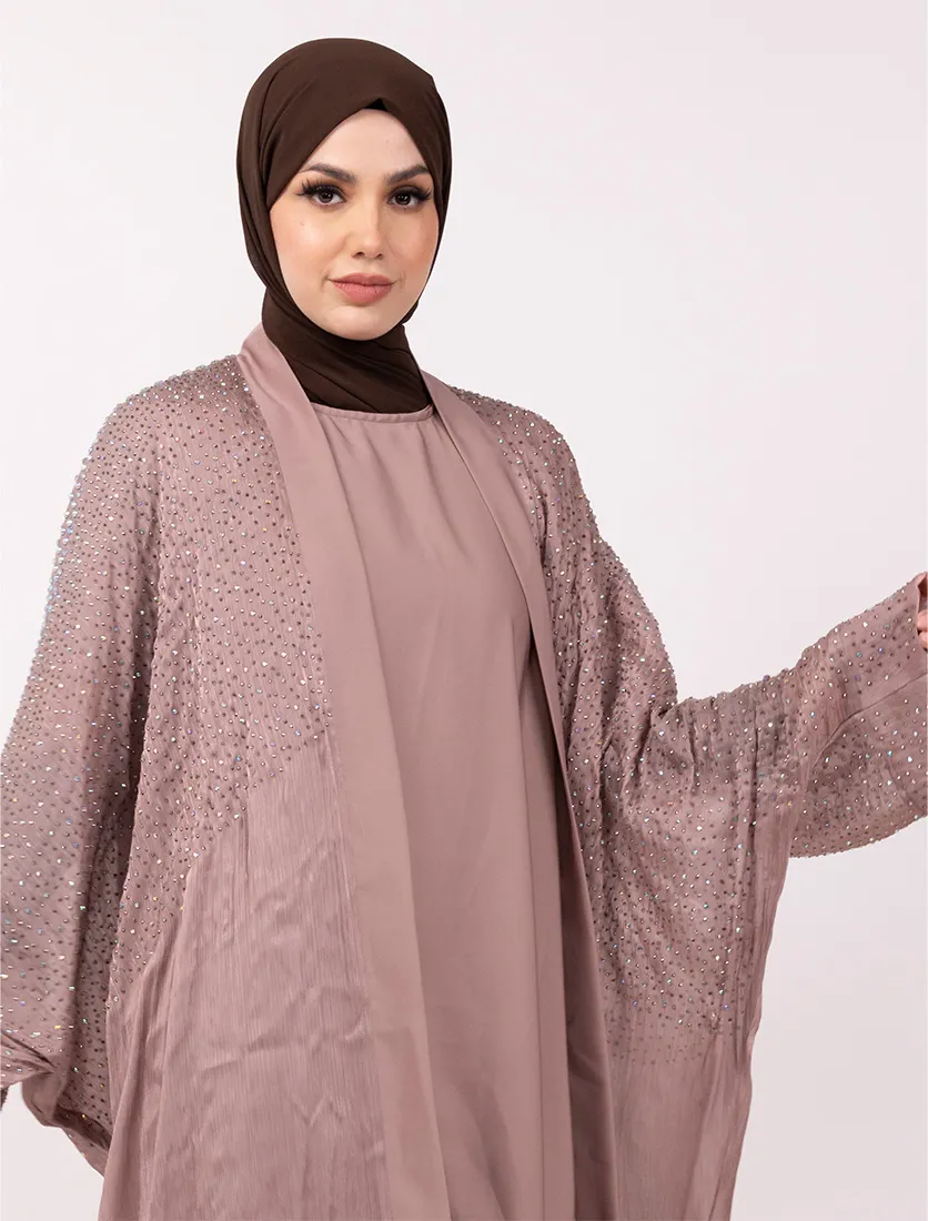 Pink Sparkle Crystal Embellished Sheer Overlay Abaya